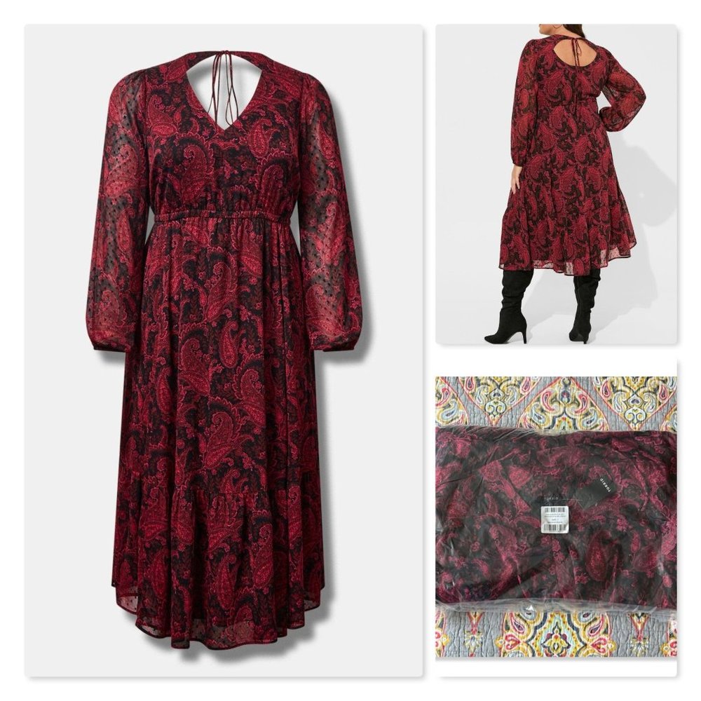 Women’s Red Paisley Midi Dress with Long Sleeves - Picture 8 of 9
